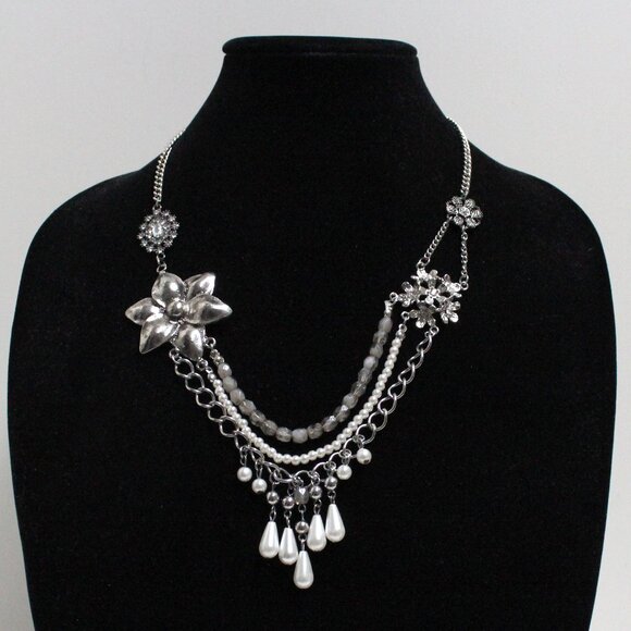 Silvertone 21 Inch Imitation Pearl Rhinestone Smoky Bead Multi Strand Necklace - Picture 1 of 12